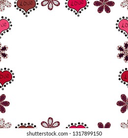 Seamless. Hand-drawn doodle frames. Picture in white, pink and black colors. Sketch icons for invitation, flyer, poster. Vector.