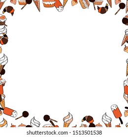 Seamless. Hand-drawn doodle frames. Sketch icons for invitation, flyer, poster. Vector. Picture in brown, white and orange colors.