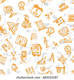 Seamless hand-drawn doodle orange color icons pattern , back to school theme. White background with gray ink splash, vector illustration