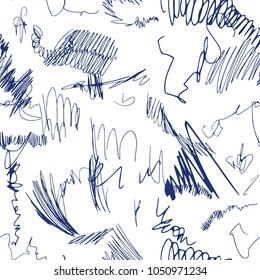 Nahtlose, handgezeichnete Doodle-Muster mit blauen Stift zufällige Striche und Schreib. Verschiedene Formen auf weißem Hintergrund.  Vektorgrafik.