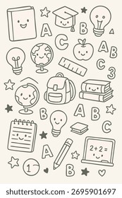 Seamless Hand-Drawn Doodle Pattern Featuring Cute Cartoon Education and School Objects like Books, Globes, Backpacks, and Graduation Caps.