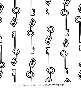 Padrão de doodle desenhado à mão sem costura com chaves e marcas de coração penduradas verticalmente. Design de contorno preto mínimo para o Dia dos Namorados, artesanato em papel, cartões de casamento e scrapbooking