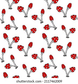 A seamless, hand-drawn doodle pattern of mushrooms. Whimsical fly agarics. Red mushrooms in polka dots.