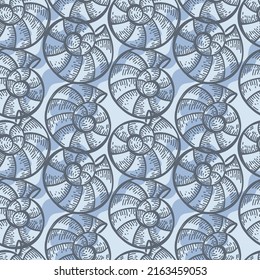 A seamless, hand-drawn drawing of sea creatures in sketch style. Shells and with waves. White background. Isolated. Summer. Ocean. Flat design. Vector simple illustration.