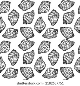 Seamless hand-drawn drawing of seashells in sketch style. Grape snails. Rapanas. Summer. Ocean. Sea relaxation. Seashells with abstract spots. Sea background.