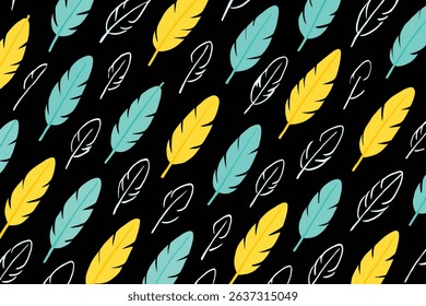 Seamless Hand-Drawn Feather Pattern with Yellow and Turquoise Feathers and White Outlines on Black Background