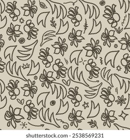 Un patrón de doodle floral dibujado a mano sin fisuras con Formas de flores abstractas y hojas sobre un fondo beige. Ideal para diseños vintage, papelería, Fondos de pantalla o impresiones textiles en un estilo de boceto