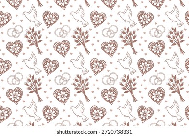 Seamless Hand-Drawn Floral Heart Pattern with Leaves and Doves in Minimal Folk Style