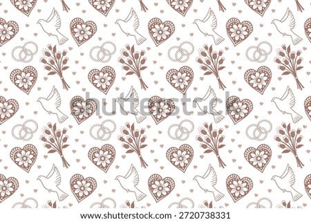 Seamless Hand-Drawn Floral Heart Pattern with Leaves and Doves in Minimal Folk Style