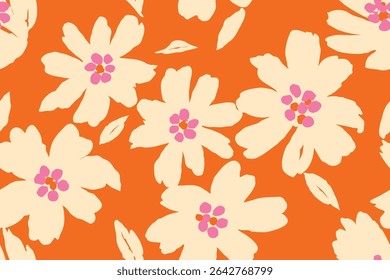 Seamless hand-drawn floral pattern with cream flowers and pink accents on bright orange background, ideal for abstract textile fabric, clothing, wall art, vector illustration, and home decoration.