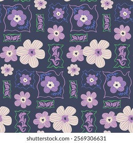 Seamless hand-drawn floral pattern with decorative flowers and leaves in shades of purple, green, and pink on a dark background. Elegant design with a vintage style."