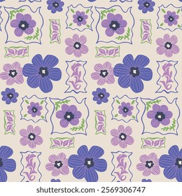 Seamless hand-drawn floral pattern with decorative flowers and leaves in shades of purple, green, and pink on a light background. Elegant design with a vintage style."