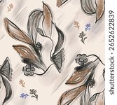 A seamless hand-drawn floral pattern featuring abstract leaves and flowers in earthy brown, green, and red tones. Ideal for textile design, wallpaper, or background decoration with a natural artistic 