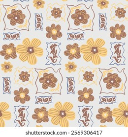 A seamless hand-drawn floral pattern featuring decorative flowers and leaves in shades of yellow, blue, and brown on a light background. An elegant design with a vintage style.