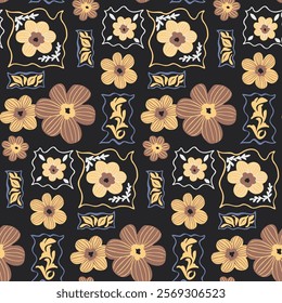 A seamless hand-drawn floral pattern featuring decorative flowers and leaves in shades of yellow, blue, and brown on a dark background. An elegant design with a vintage style.