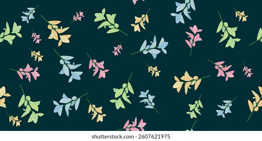 A seamless hand-drawn floral pattern featuring delicate pastel-colored flowers and leaves on a dark background. Ideal for fabric prints, wallpapers, packaging, invitations, and digital projects. This 