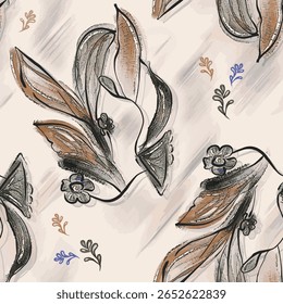 Um padrão floral sem costura desenhado à mão com folhas abstratas e flores em tons terrosos de marrom, verde e vermelho. Ideal para design têxtil, papel de parede, ou decoração de fundo com um artístico natural 