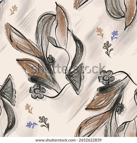 A seamless hand-drawn floral pattern featuring abstract leaves and flowers in earthy brown, green, and red tones. Ideal for textile design, wallpaper, or background decoration with a natural artistic 