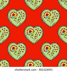 Seamless hand-drawn floral pattern with hearts in vector.