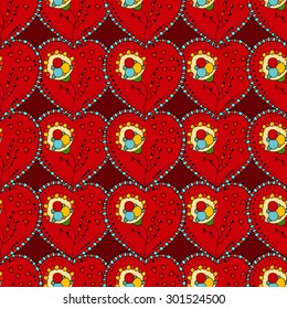 Seamless hand-drawn floral pattern with hearts in vector.