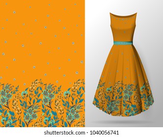 Seamless hand-drawn floral pattern with lots of plants and flowers. Vector seamless pattern on summer dress mock up. Blue on orange.