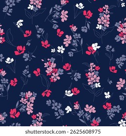 Patrón floral dibujado a mano sin fisuras con flores negras, doradas y grises neutras sobre fondo azul