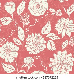  Seamless Hand-Drawn Floral Pattern on pink background with shadows