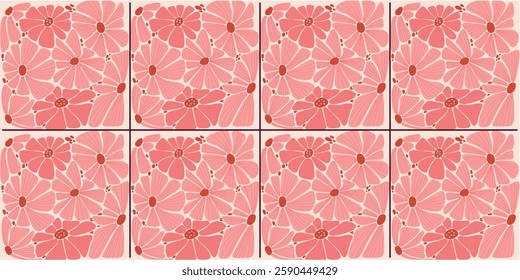 Seamless Hand-Drawn Floral Pattern – Retro Pink Flower Design with Bold Petals