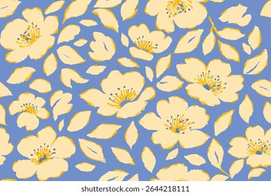 Padrão floral desenhado à mão sem costura com flores de creme amarelo e fundo azul, perfeito para tecido, roupas, decoração, papel de parede, ilustração vetorial, design de padrão de flor abstrata.