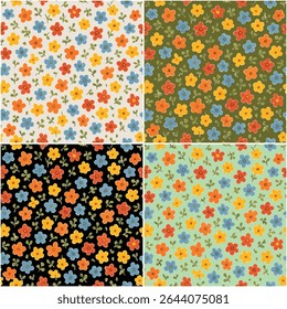 Seamless, hand-drawn floral patterns in four vibrant color variations: white, green, black, and light green backgrounds with scattered red, orange, yellow, and blue flowers.