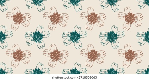 Seamless Hand-Drawn Floral Sketch Pattern on Beige Background. Minimal botanical, vintage, and organic feel, perfect for textiles, wallpapers, wrapping paper, fashion fabrics, and home decor