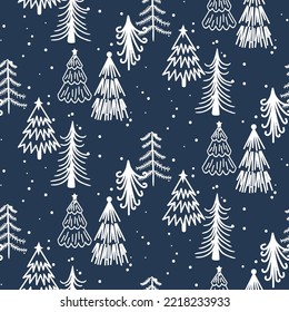 Seamless hand-drawn forest blue pattern in Scandinavian style. Kids vector winter background for design and decoration textile, covers, package, wrapping paper.