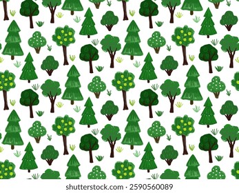 Seamless Hand-Drawn Forest Pattern with Green Trees and Grass