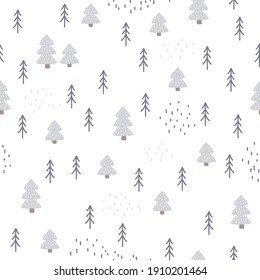 Seamless hand-drawn forest pattern in Scandinavian style. Kids vector abstract background for design and decoration textile, covers, package, wrapping paper.