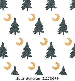 Seamless hand-drawn forest pattern in Scandinavian style. Kids vector abstract background for design and decoration textile, covers, package, wrapping paper.