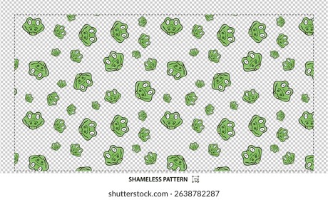 Seamless hand-drawn frog faces pattern with cute green cartoon amphibians on transparent background