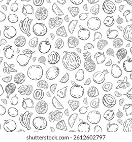 Seamless Hand-Drawn Fruit Pattern with Various Detailed Fruit Illustrations