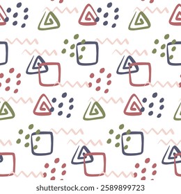 Seamless Hand-Drawn Geometric Pattern with Abstract Shapes, Dots, and Zigzag Lines in Muted Earthy Tones – Modern Minimalist Background for Fabric, Stationery, and Digital Designs