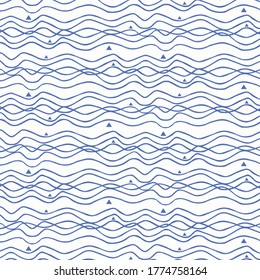 Seamless hand-drawn geometric vector pattern with abstract wave stripes and triangles. Design for printing, scrapbooking, fabric, textile, manufacturing, wallpapers.