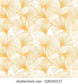 A seamless hand-drawn ginkgo leaf pattern in sketch style. Orange leaves at different angles on a white background. Leaf shape in the form of a duck's foot. Mystic lace background. 