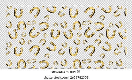 Seamless hand-drawn golden horseshoe pattern with lucky charm symbols on transparent background