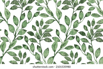 Seamless hand-drawn graphic blue green leaves pattern garden wallpaper on a white background. Vintage floral background. Botanical illustration.