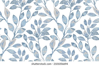 Seamless hand-drawn graphic blue leaves pattern garden wallpaper on a white background. Vintage floral background. Botanical illustration.