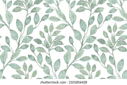 Seamless hand-drawn graphic blue pastel green spring leaves pattern garden wallpaper on a white background. Vintage floral background. Botanical illustration.