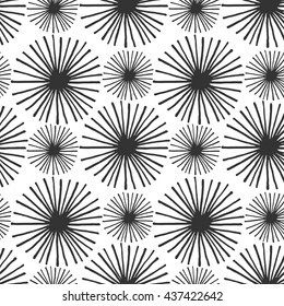 Seamless hand-drawn graphic pattern with black stylized floral ornament isolated on transparent background.