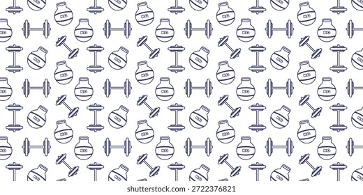 Seamless hand-drawn gym doodle pattern featuring dumbbells and fitness equipment, ideal for workout backgrounds, wallpaper, apparel, and sports designs.