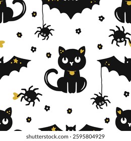 Seamless Hand-Drawn Halloween Black Cat Pattern Featuring Bats, Spiders, And Stars In A Cute Spooky Vector Illustration  