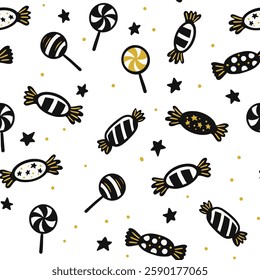 Seamless Hand-Drawn Halloween Candy Pattern With Lollipops, Wrapped Sweets, And Stars In A Fun Vector Illustration  