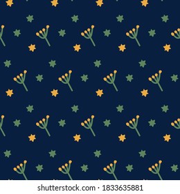 Seamless hand-drawn Hanukkah holiday background. Vector illustration of the holiday of candles. Cartoon picture with the symbol of Hanukkah, with the star of David, with a candle, a tree branch, for