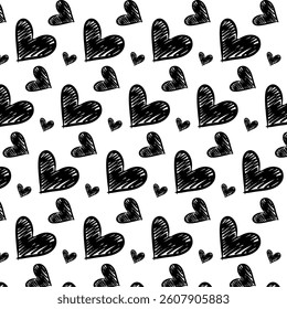 Seamless hand-drawn heart pattern – black and white romantic doodle background